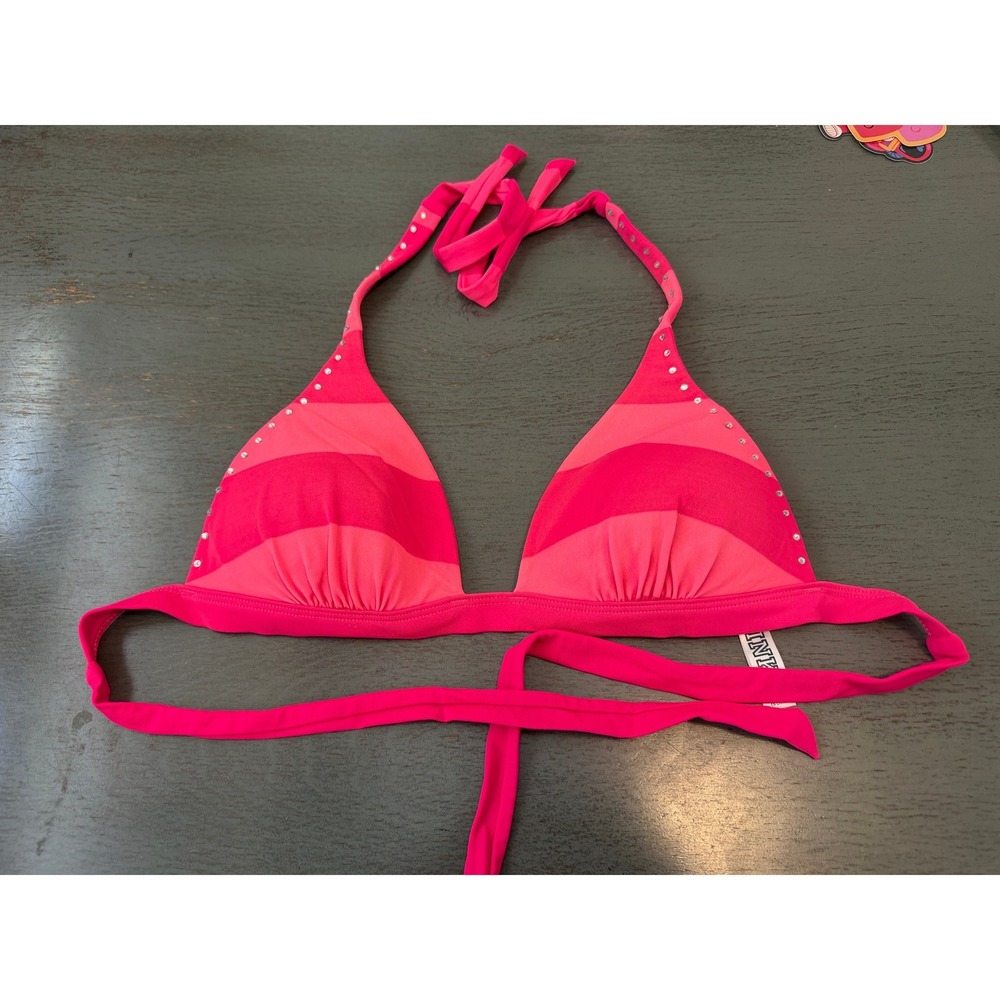 Pink Victoria Secret Rhinestone Triangle Bikini Top Hot Pink Coral Halter Size M